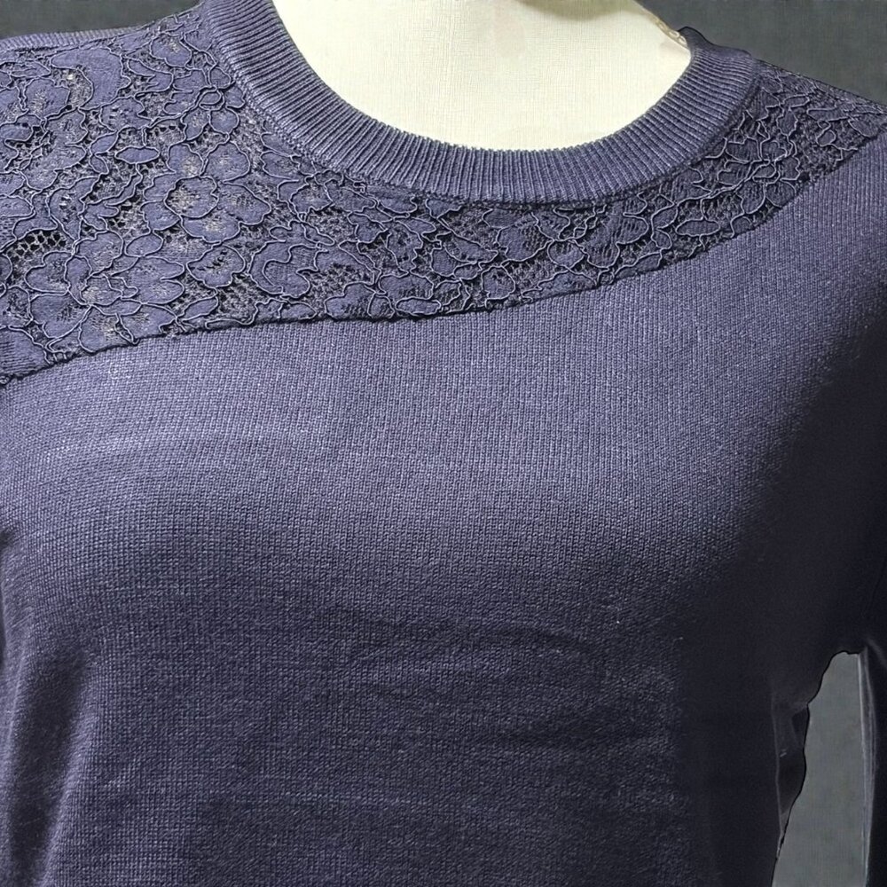 Melissa Paige Sweater XS Navy Blue Lace Knit Short Sleeve Top Luxe Coquette - Picture 8 of 8